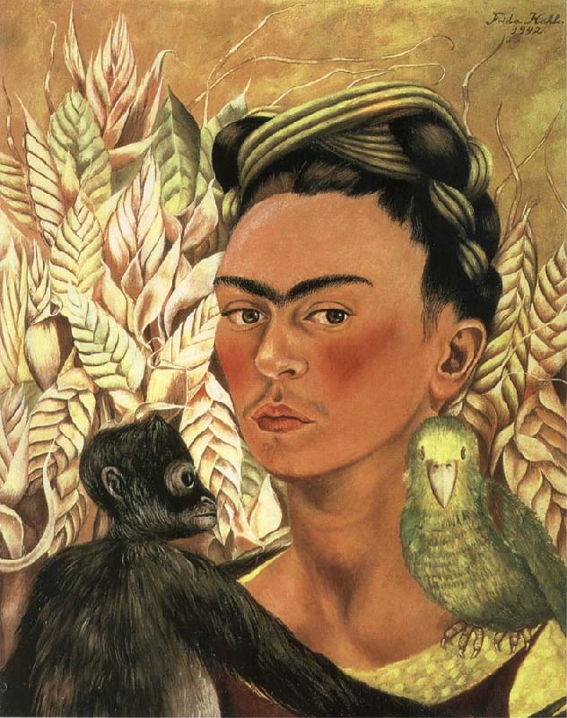 Frida Kahlo The self-portrait of monkey and parrot oil painting image